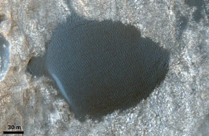 Ripples marcianos que cobrem dunas na cratera de Gale, observados a partir de imagens obtidas pela missão Mars Reconnaissance Orbiter (NASA/JPL- Caltech/UArizona).