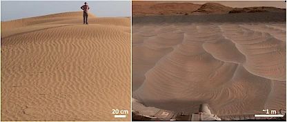 Ripples eólicos terrestre (esquerda) e ripples marcianos (direita) observados pelo rover
Curiosity na cratera de Gale (NASA/JPL-Caltech/UArizona).