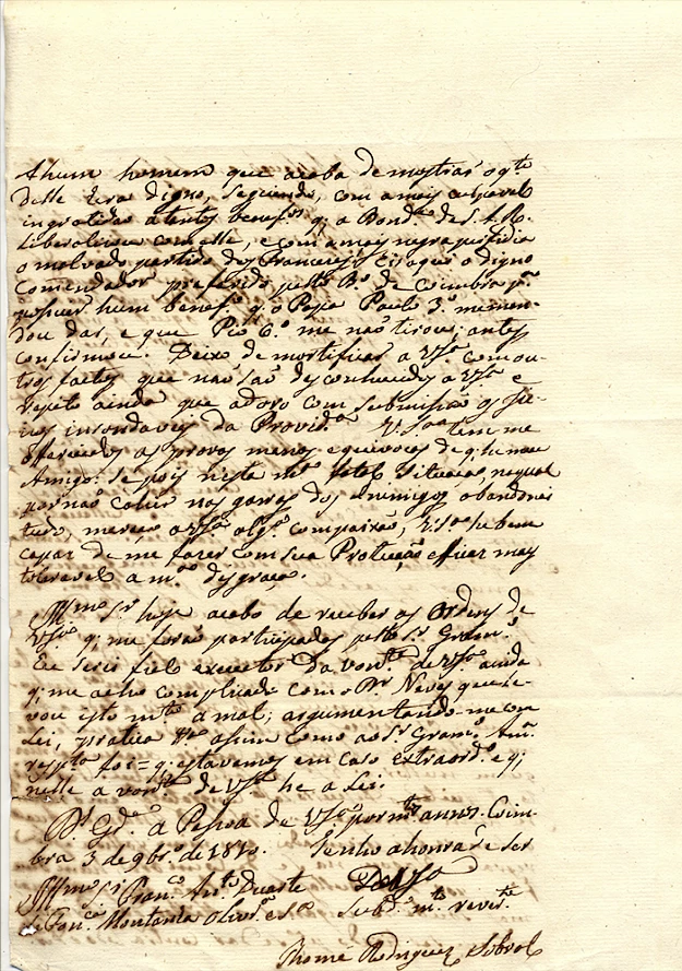 Fig.2 - Subscrição final da carta, redigida e assinada por Tomé Rodrigues Sobral, em 3 de novembro de 1810.